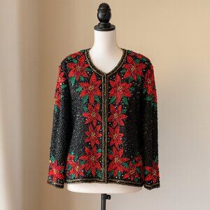 Vintage Shasta Fashions Black Sequin & Beaded Christmas Jacket – Silk, XL Fit
